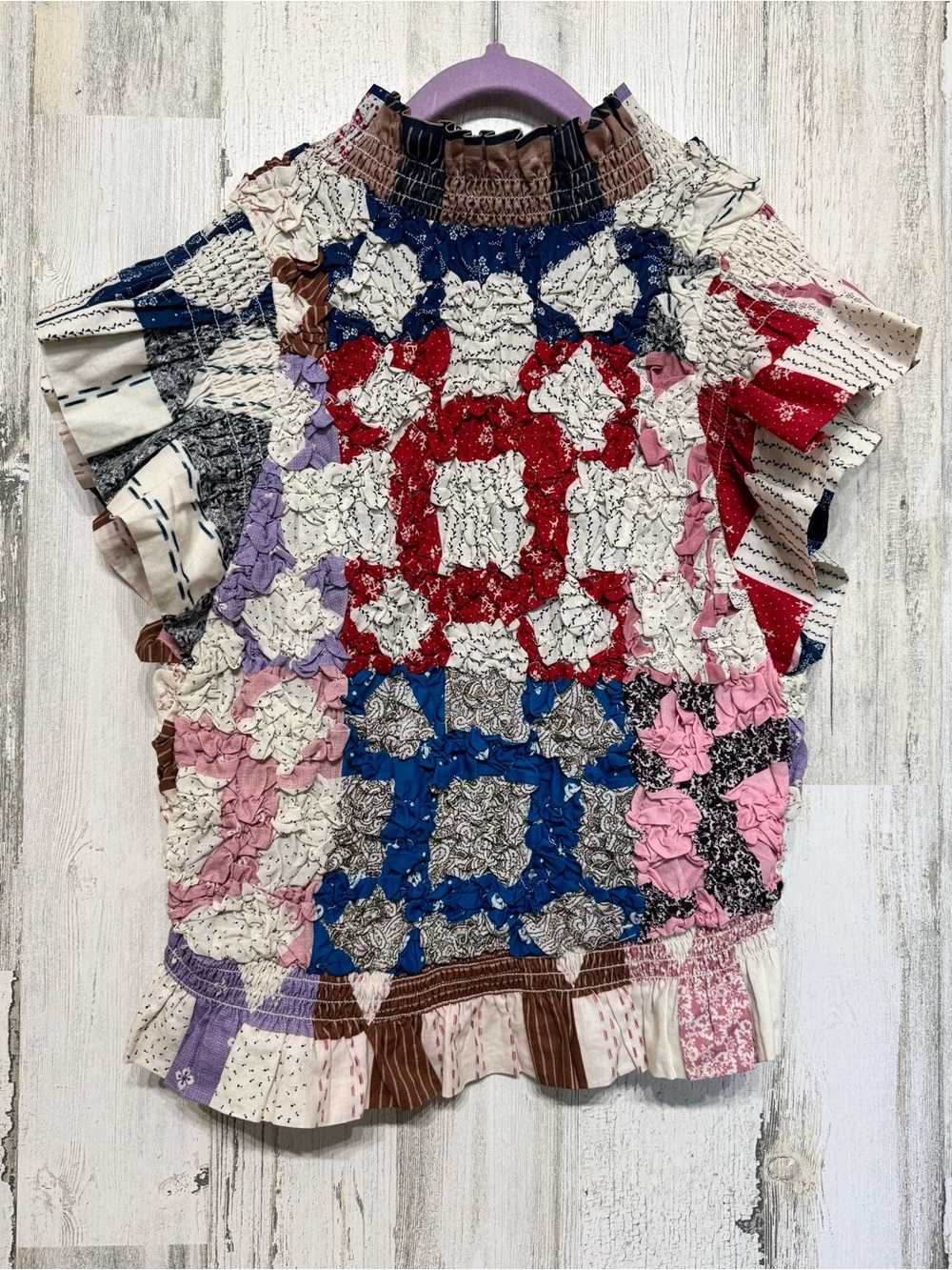 SEA New York Smocked Flutter Sleeve Nohr Quilted Top Size XS Patchwork